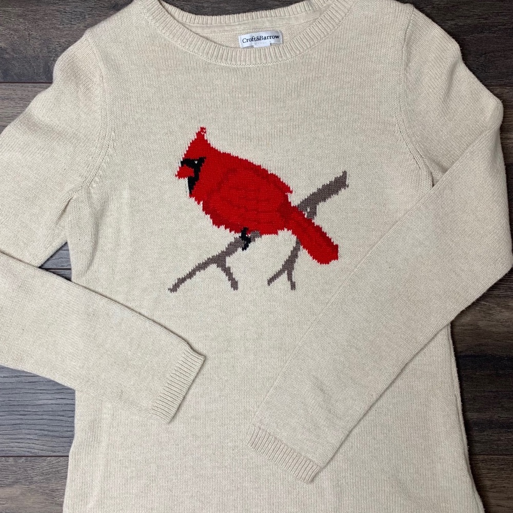 Croft and Barrow, long sleeve, red bird and cream
